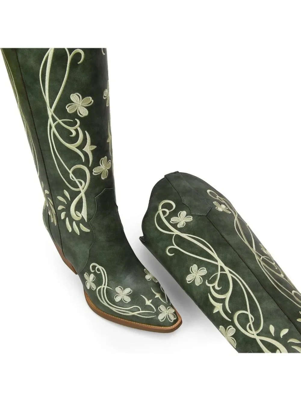 Women's Green pu Knee High Floral Embroidered Vintage Cowgirl Boots